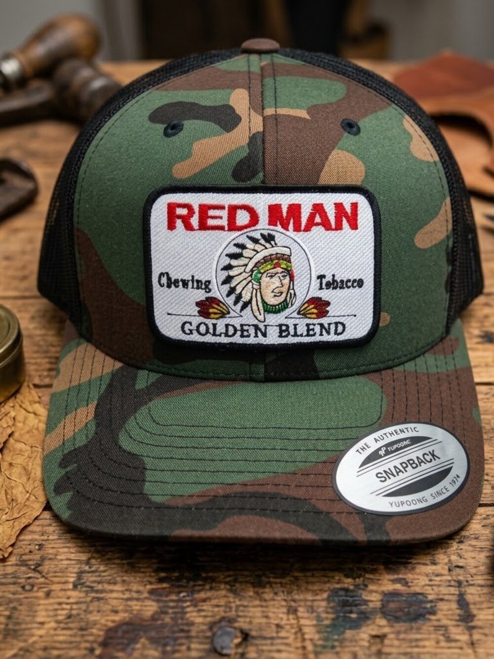 Red Man Golden Blend Patch Woodland Camo Yupoong Flat Bill Hat Snuff Dip Chew 80